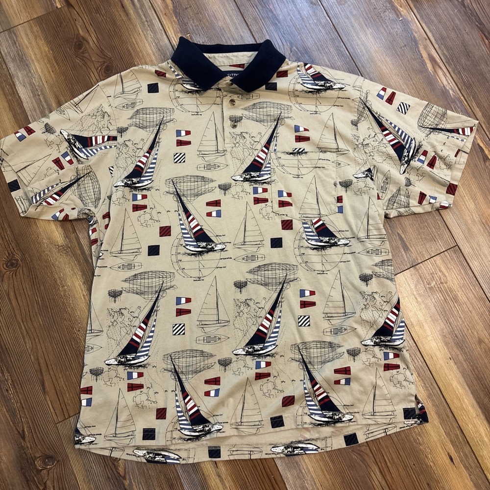 Roundtree & Yorke Mens L Nautical Sailboat Map Print Cotton Polo Shirt Vtg 90s